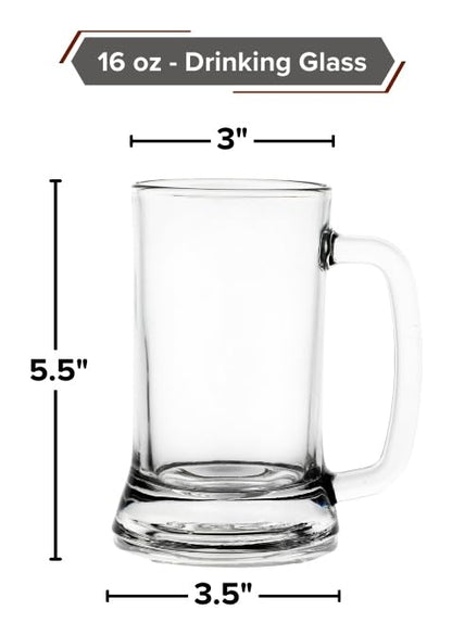 GIFTS PLAZA Beer Mugs Sets - Crystal Clear Drinking Glass, 16 Ounce - Glassware Mugs with Handle for Coffee, Juice, Water and Beverages - Ideal Gift for Him or Her
