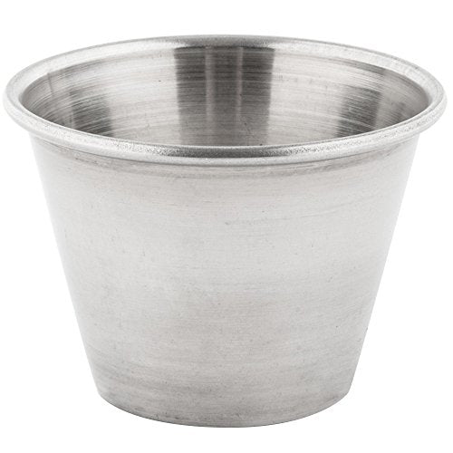 Close-up of reflective polished exterior surface of stainless steel 2.5 oz portion cup