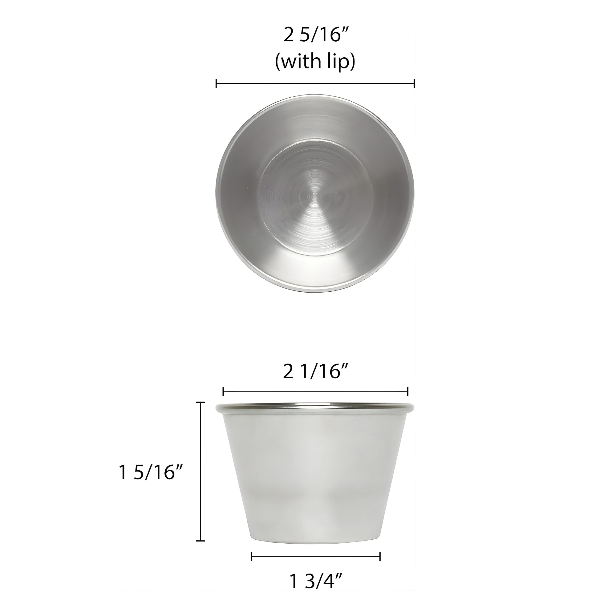 Single stainless steel 2.5 oz portion cup shown upright highlighting compact cylindrical shape