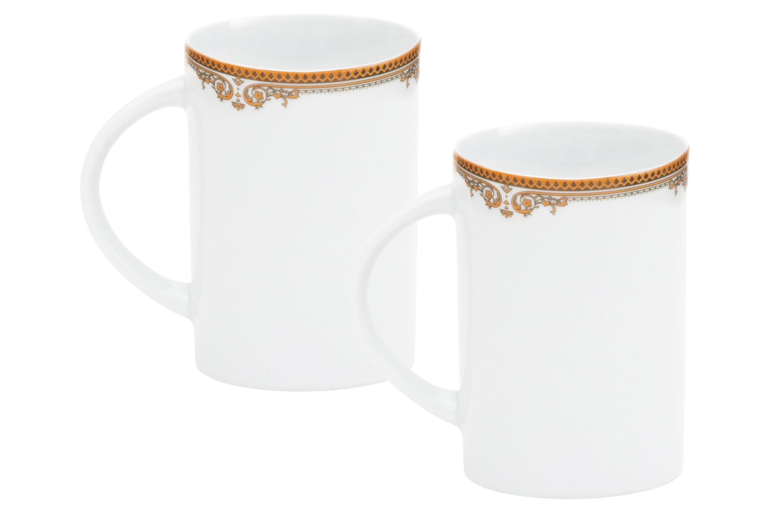 Full overhead flat lay of all 8 Gifts Plaza vintage porcelain mugs displayed in a neat arrangement