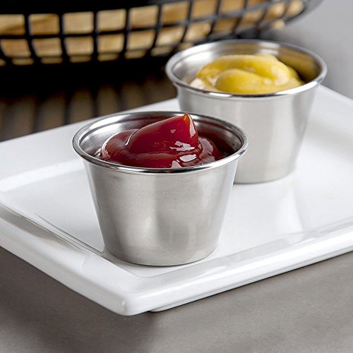 Side angle view of polished stainless steel 2.5 oz condiment cup showing curved profile