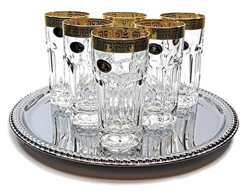 Italian Collection 'Provenza' 12 oz Crystal Highball Beverage Glasses 24K Greek Key Gold-Plated