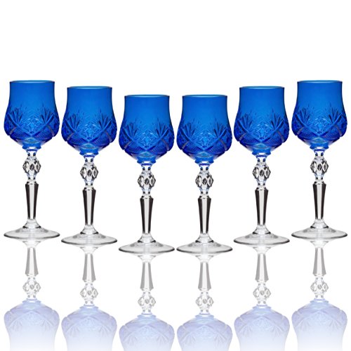 SET of 6 Handmade Russian CUT Crystal - BLUE Color Old-Fashioned Shot Glasses on a Long Stem, 60ml/2oz Crystal Sherry Glass Shooters / Cordial