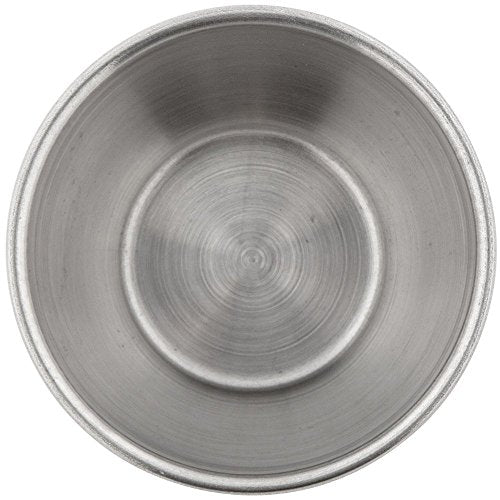 Set of 6 stainless steel portion cups with a coin placed alongside for size reference