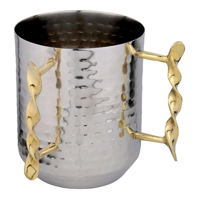 (D) Hammered Stainless Steel Wash Cup Silver with 2 Gold Handles (Spiralized Handles)