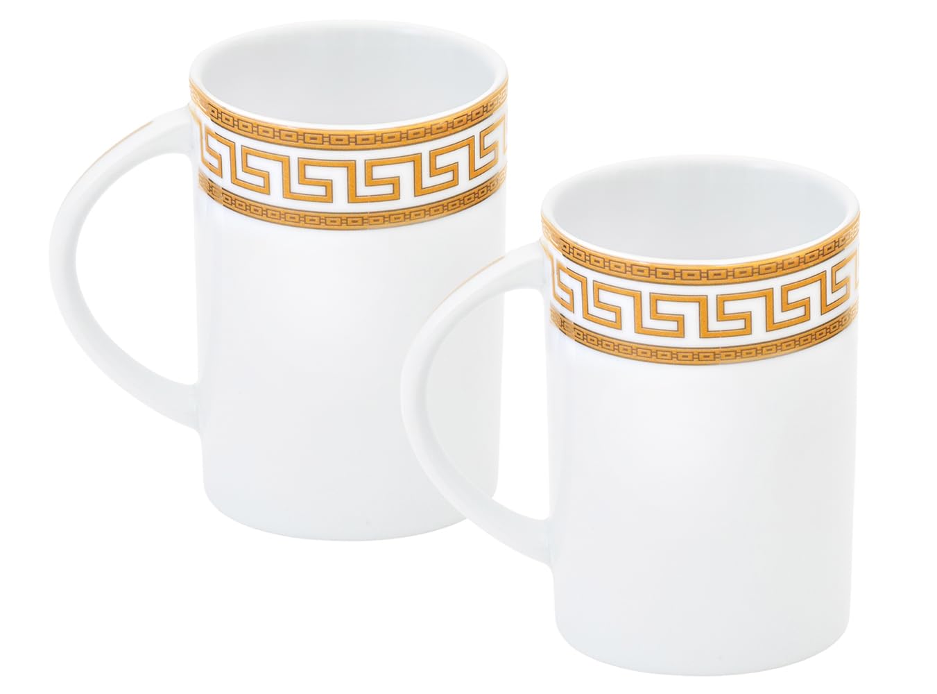 Side view of a single Gifts Plaza 10 oz vintage-pattern porcelain mug showing handle and profile