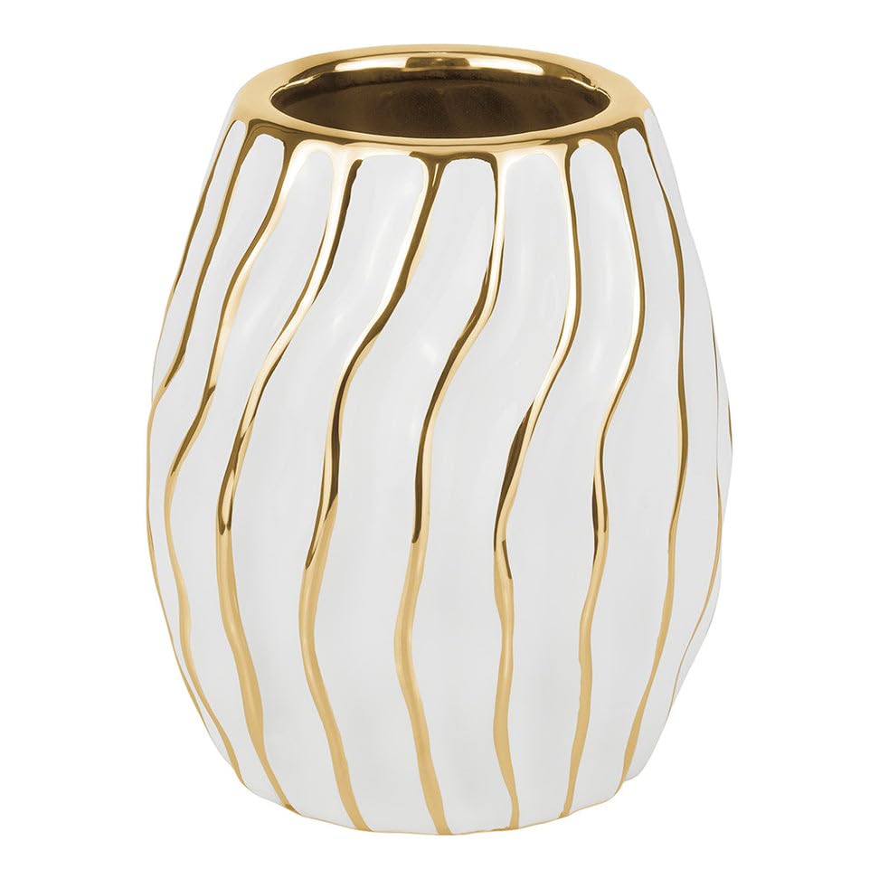 (D) Gold Round Vases Home Decor, White Porcelain Vase with Gold Wavy Design