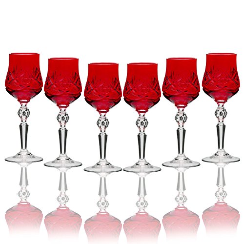 SET of 6 Handmade Russian CUT Crystal - RED Color Old-Fashioned Shot Glasses on a Long Stem, 60ml/2oz Crystal Sherry Glass Shooters / Cordial