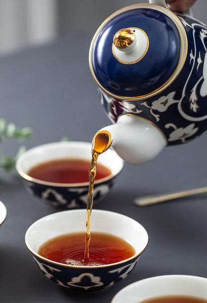 Blue and White Tea Set - 28 oz. Bone China Teapot and 6 oz. Mini Cups with White Vintage Design - Elegant Tea Serving Set for Kitchen and Gift for Women, Men, Adults and Tea Lovers