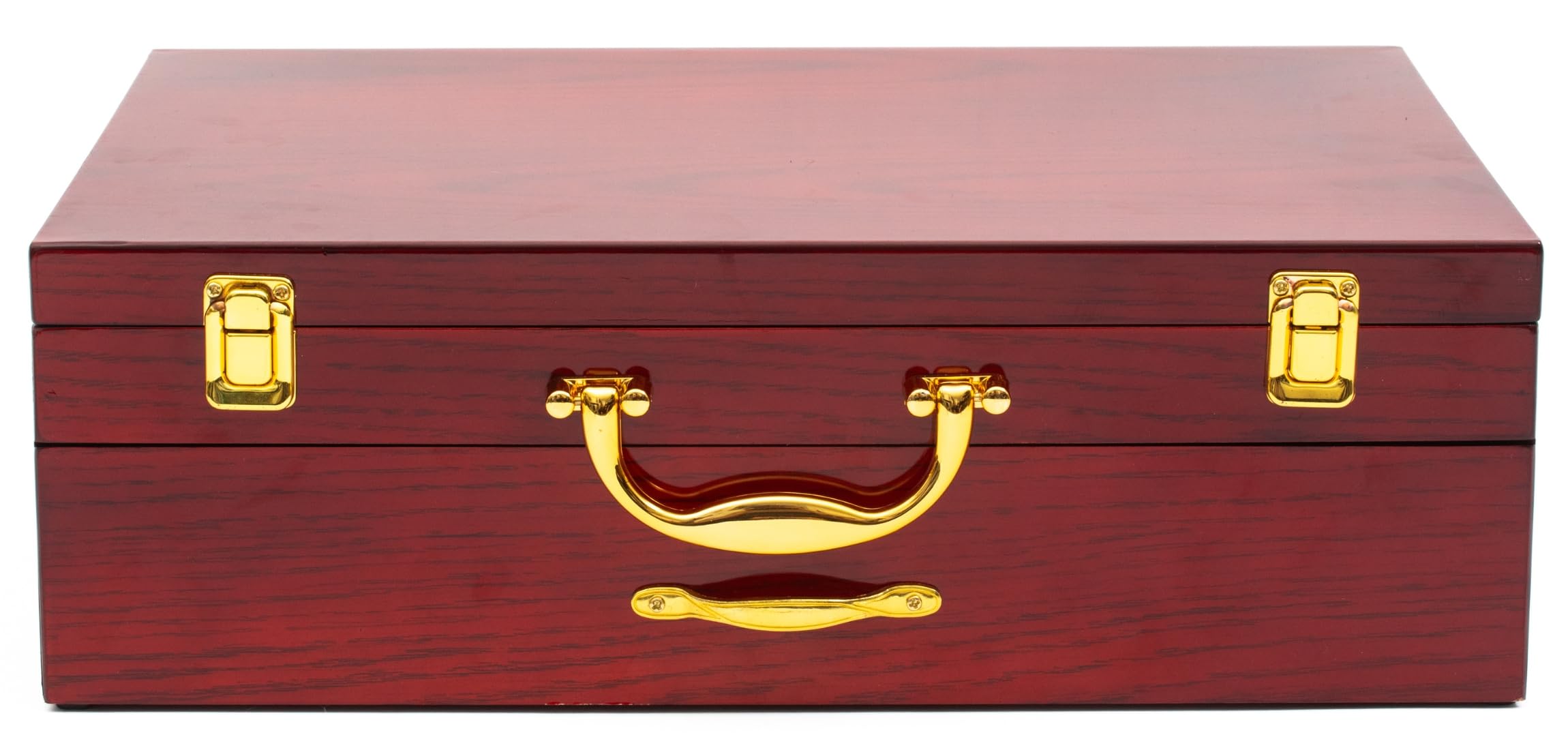 Flatware Storage Box with Drawer - For Up To 75 Piece Sets High-Gloss Case with Lid and Gold-Plated Handles, Red Wood Style Chest with Cream Interior Trays - Italian Collection Silverware Organizer