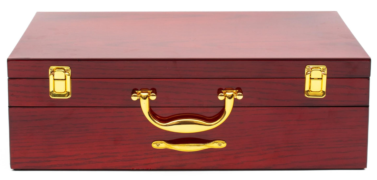 Flatware Storage Box with Drawer - For Up To 75 Piece Sets High-Gloss Case with Lid and Gold-Plated Handles, Red Wood Style Chest with Cream Interior Trays - Italian Collection Silverware Organizer