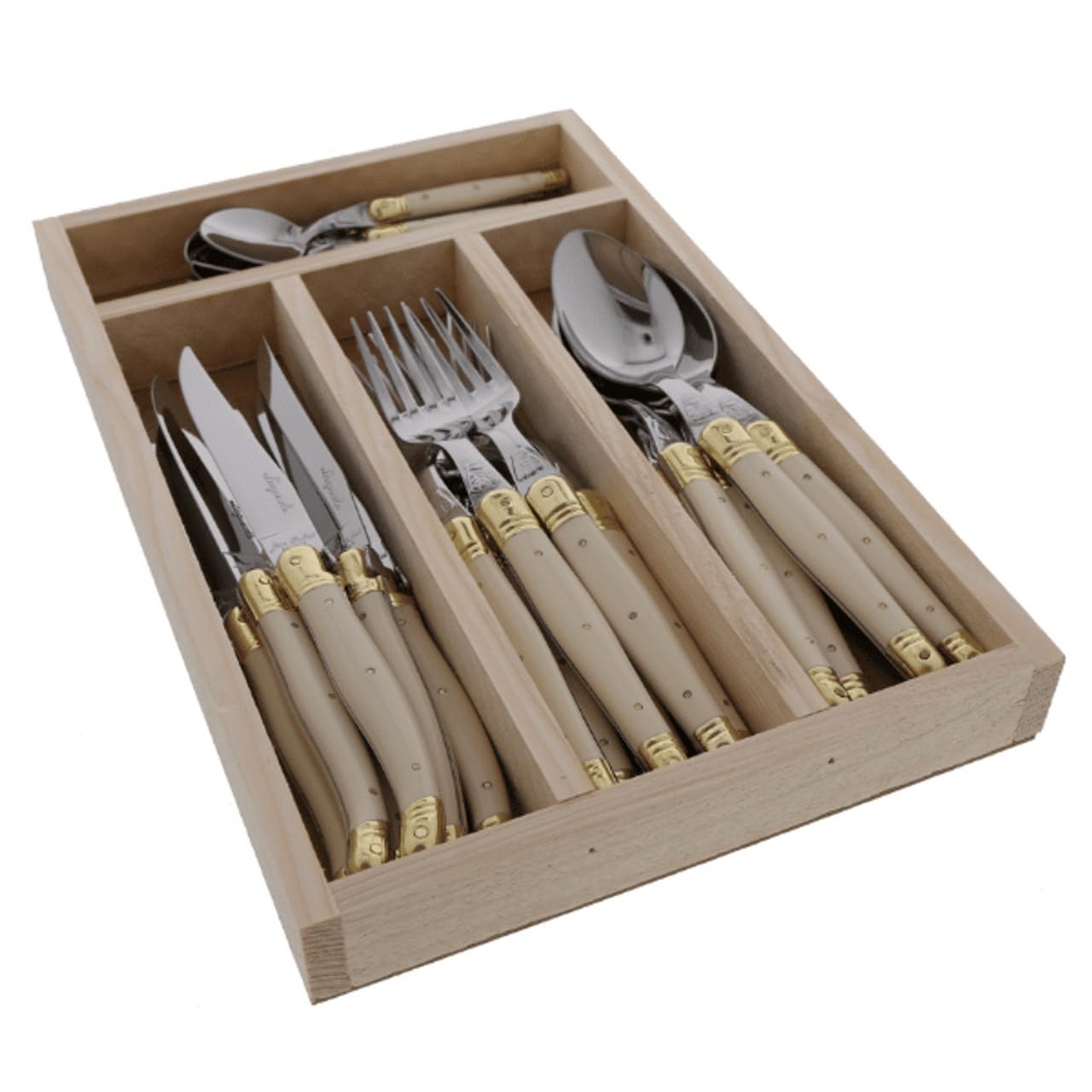 24-piece stainless steel flatware set with colorful handles displayed with included storage tray