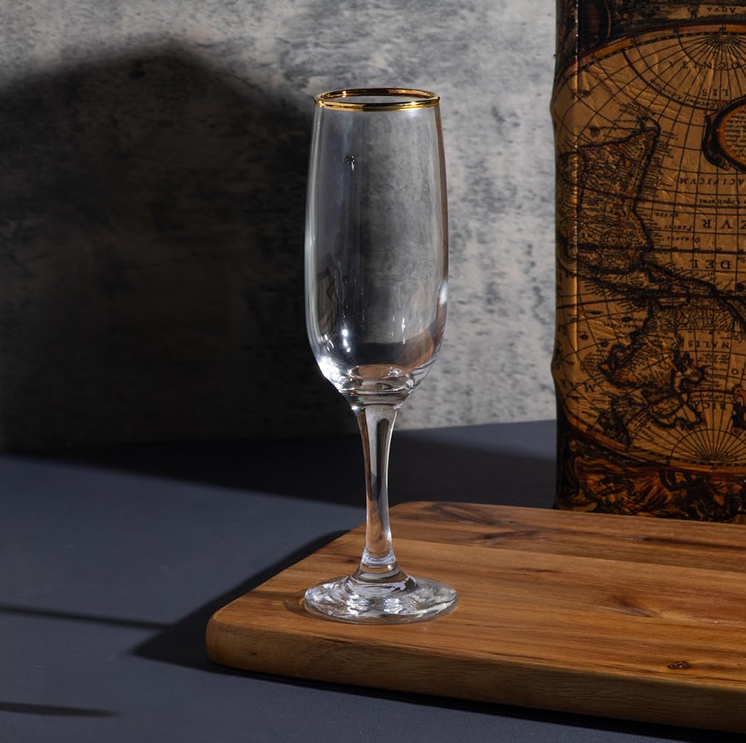 Elegant Flute Stemware, 8 Ounce - Champagne Glass with Gold Rim - Crystal Clear Drinking Glass for Red Wine, Cocktails and Other Beverages - For Home and Bar