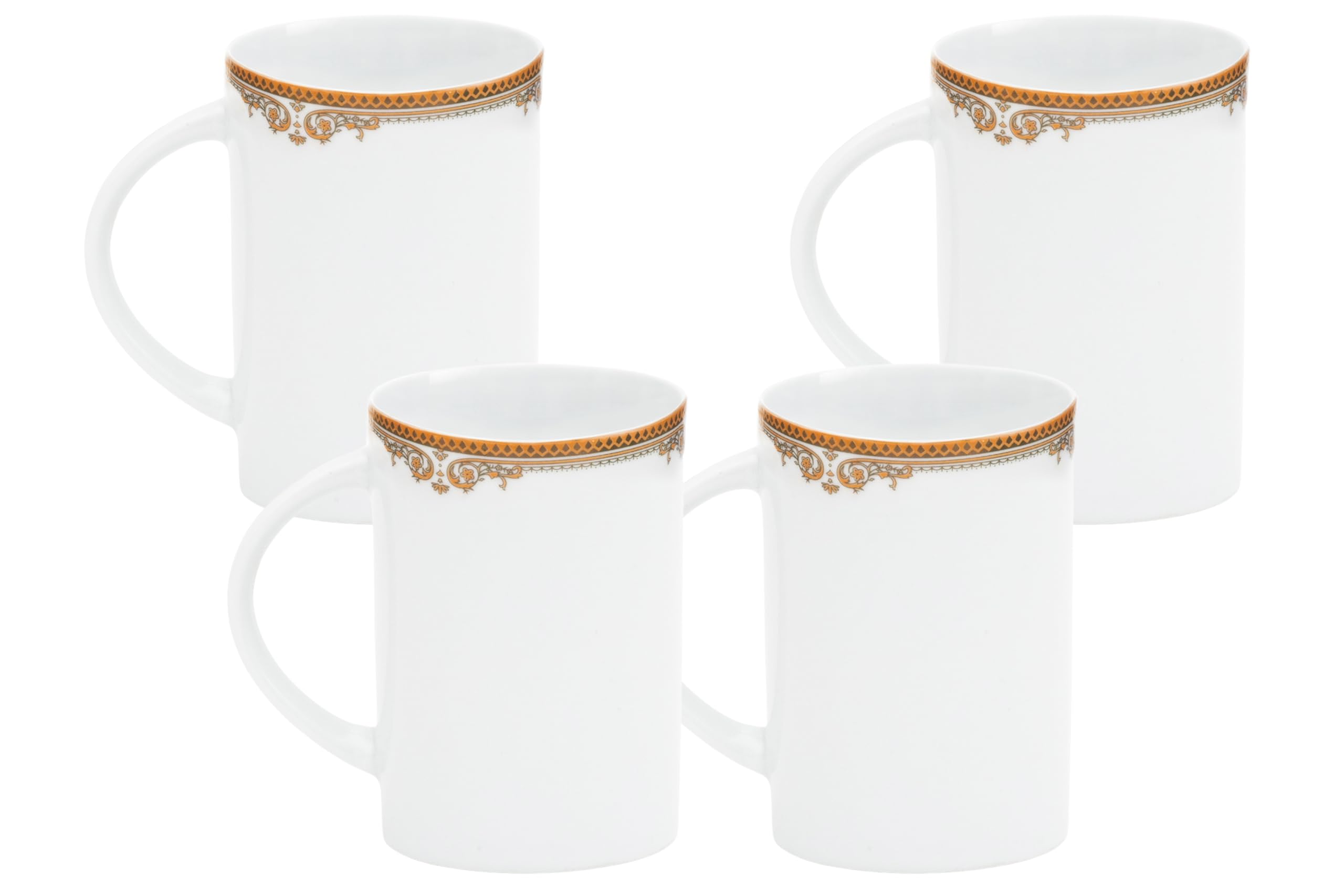 Two Gifts Plaza vintage-design mugs styled with saucers and a small teapot on a linen tablecloth