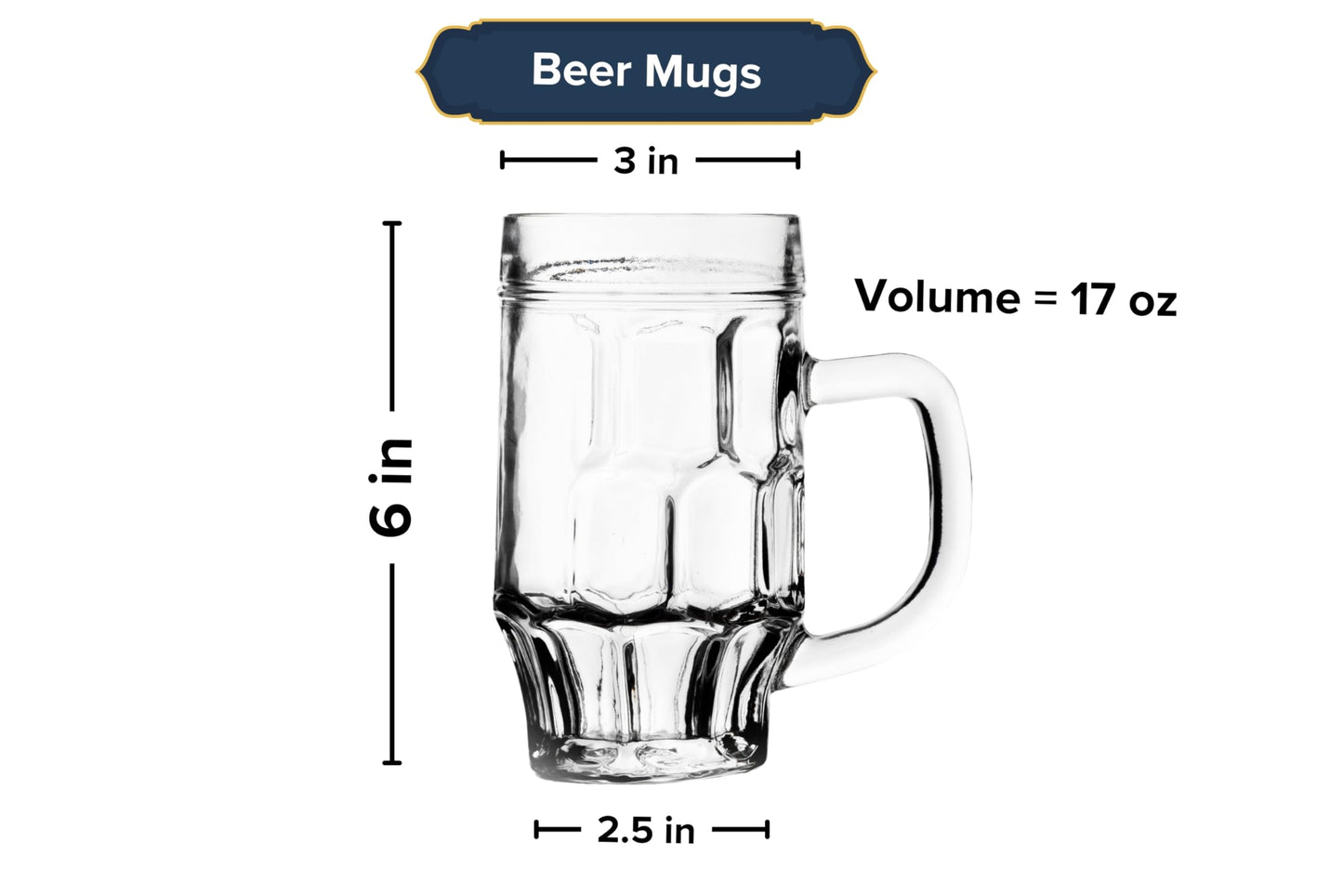 Beer Glasses - 17 Ounce Beer Mugs for Root Beer Floats - Clear Glassware, Dimpled Glass Mugs with Handles, Perfect for Bar Sets, Tankards, American and Scottish Ales, Beer Mug Glasses