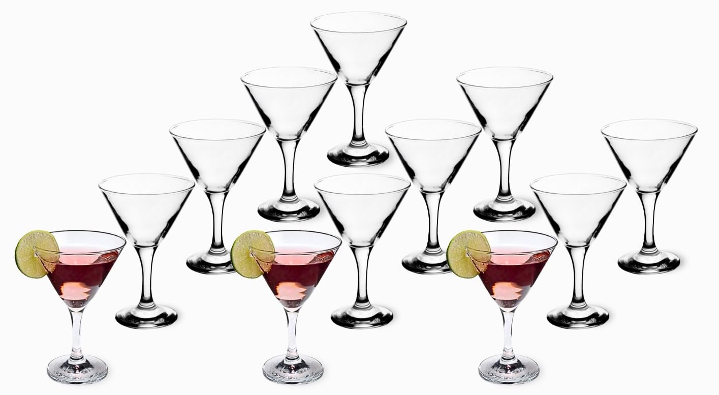 Martini glass set displayed on a festive party table with decorative accents
