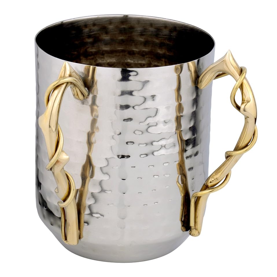 (D) Hammered Stainless Steel Wash Cup Silver with 2 Gold Handles