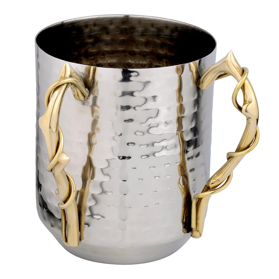 (D) Hammered Stainless Steel Wash Cup Silver with 2 Gold Handles (Intricate Handles)