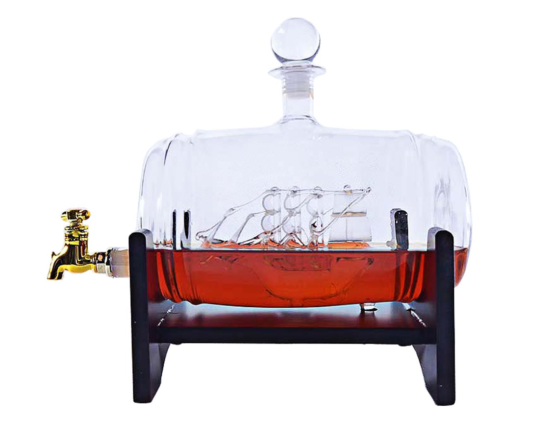 Handmade Glass Whiskey Liquor Decanter - Hand Blown Clear Glass on Stand for All Types of Alcohol and Other Liquids