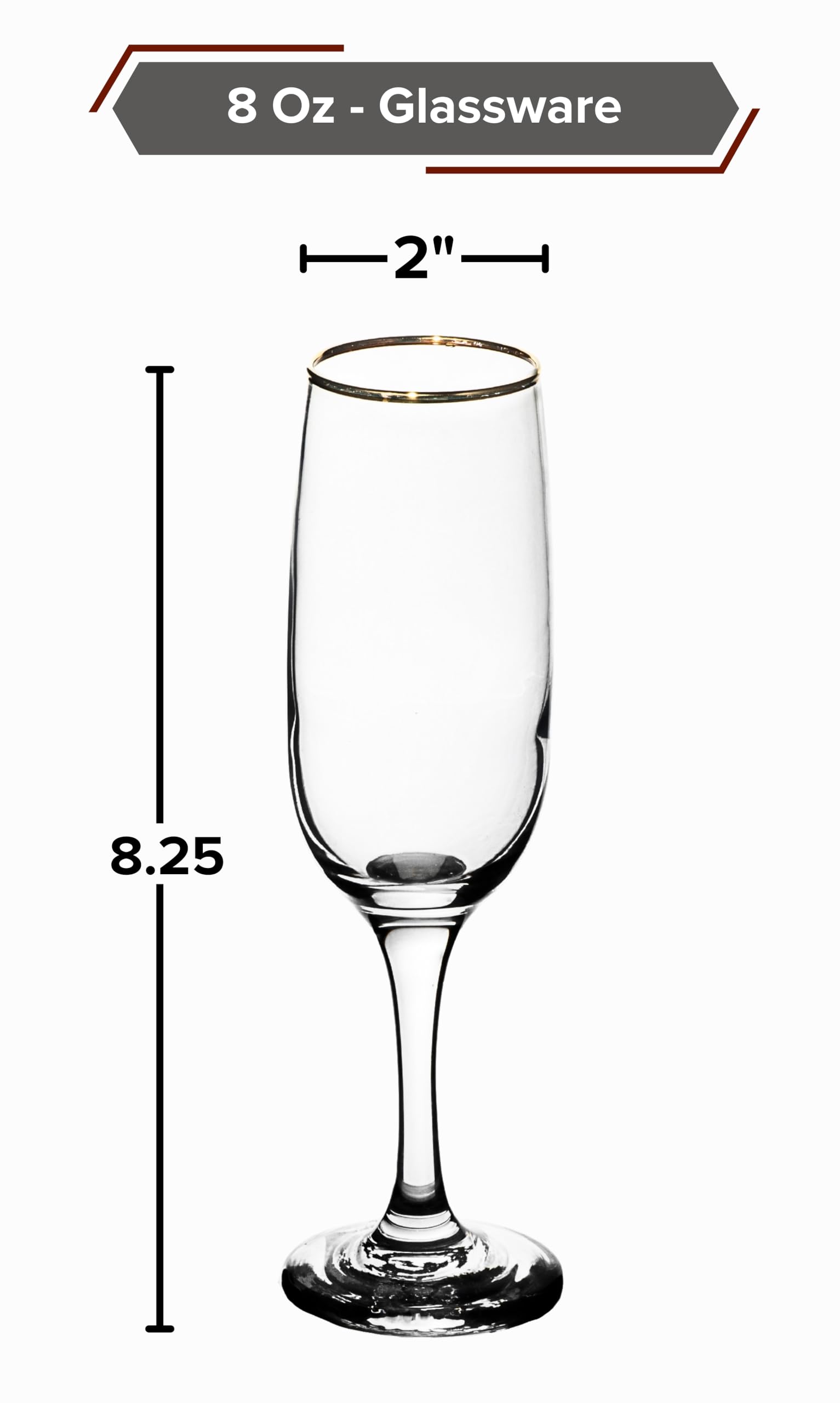 Elegant Flute Stemware, 8 Ounce - Champagne Glass with Gold Rim - Crystal Clear Drinking Glass for Red Wine, Cocktails and Other Beverages - For Home and Bar