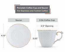 Espresso Coffee Cups and Saucers - Elegant White Porcelain 12 Piece, 3 oz Mini Cup Set with Gold Rim, Turkish Coffee Cup Set, Perfect for Coffee Bars, Kitchen, Espresso Machines