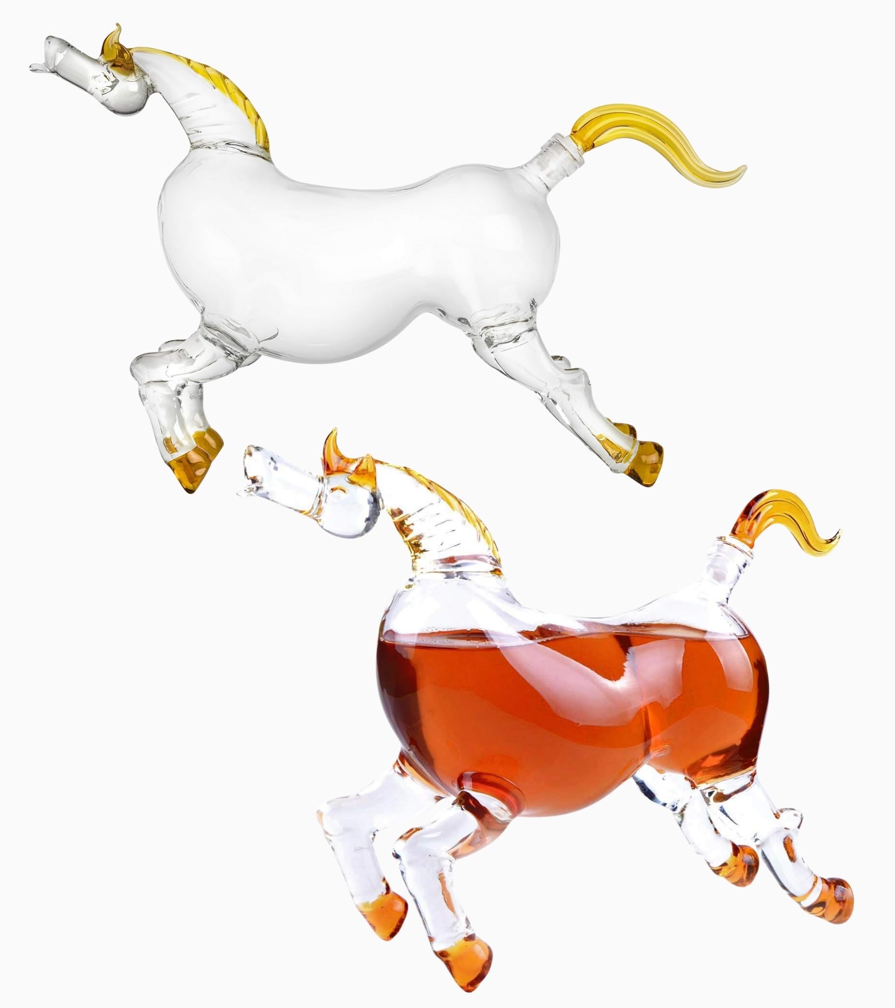 Two diamond whiskey glasses placed alongside the horse decanter on a dark background