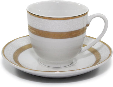 Cup and Saucer 4 Piece - Porcelain Tea Set - White with Gold Rope Design - 5.5 Inch Saucers, 6.5 oz Cups - Luxurious Tea Sets for Adults, Tea Parties, Vintage Cappuccino Mug (Rope Gold, 4 Piece)