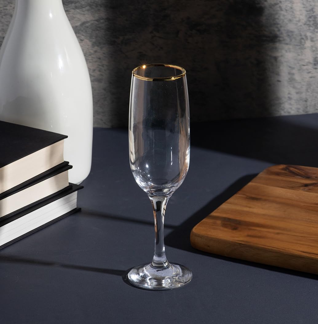 Elegant Flute Stemware, 8 Ounce - Champagne Glass with Gold Rim - Crystal Clear Drinking Glass for Red Wine, Cocktails and Other Beverages - For Home and Bar