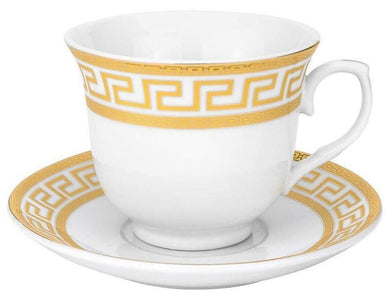 Porcelain Tea Cup and Saucer Set - 4 Piece Vintage Tea Set - White with Gold Greek Key Design - 5.5 Inch Saucers, 6.5 oz Cups - For Tea Parties, Cappuccino, Home Decor (Meander Gold, 4 Piece)