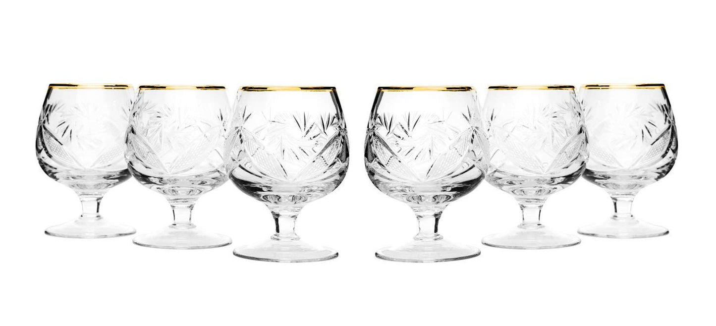 Set of 6 Vintage Crystal Cognac Snifters With Gold Rim 7 oz