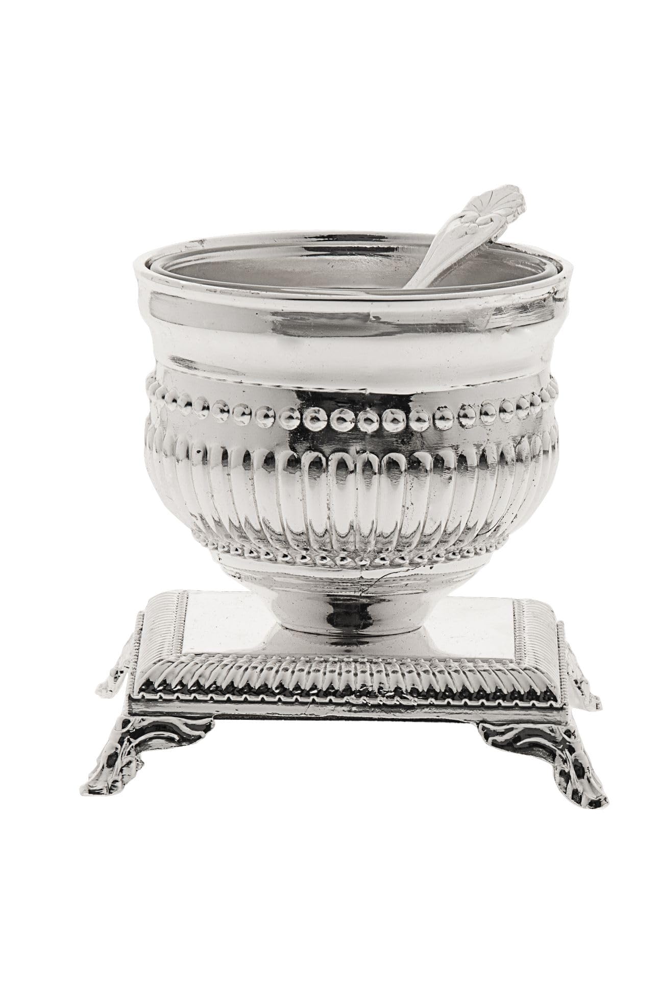 (D) Single Metal Bowl Salt Dish with Spoon on a Base, Silver Plated Salt Shaker 3x3x3