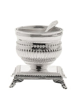 (D) Single Metal Bowl Salt Dish with Spoon on a Base, Silver Plated Salt Shaker 3x3x3