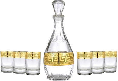 Crystal Decanter and 6 Liqueur Glasses Set Antique Greek, 24K Gold 8-pc, Greek Key