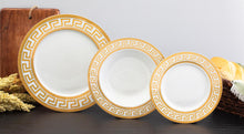 Luxurious 12 Piece Dish Set - Dinnerware Set Service for 4 - Gold Greek Key Inspired Design - Gorgeous Porcelain Plates, Kitchen Set - For Every Day Use or Formal Occasions (Meander Gold 12DIN)