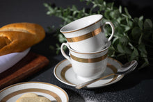 Cup and Saucer 4 Piece - Porcelain Tea Set - White with Gold Rope Design - 5.5 Inch Saucers, 6.5 oz Cups - Luxurious Tea Sets for Adults, Tea Parties, Cappuccino Mug (Rope Gold 3004, 4 Piece)