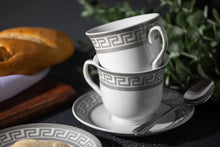 Porcelain Tea Cup and Saucer Set - 4 Piece White with Silver Greek Key Design - 5.5 inch Saucers, 6.5 oz Cups - For Tea Parties, Cappuccino, Decor - Chip Resistant (Meander Silver 3004, 4 Piece)