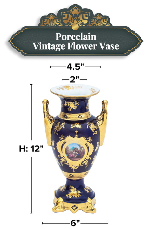 Royalty Porcelain Vintage Flower Vase - 12 Inch Cobalt Blue and Gold Hand Painted - Luxurious Classic Ceramic Decor for Living Room, Bedroom, Kitchen, Table, Entryway, Bathroom and More