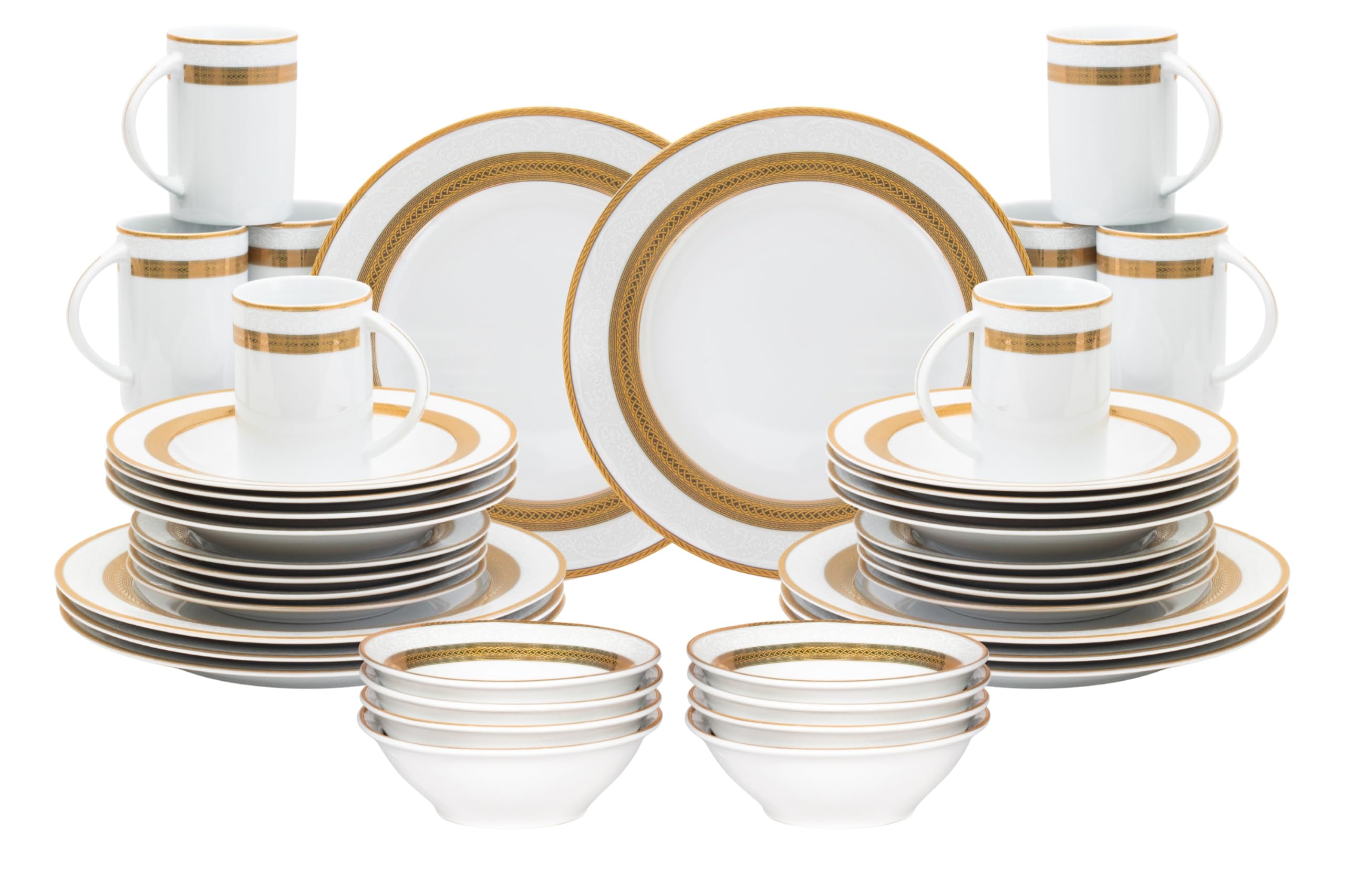40-piece vintage porcelain dinnerware set for 8 displayed with plates, soup bowls, mugs, and flat plates arranged on a table