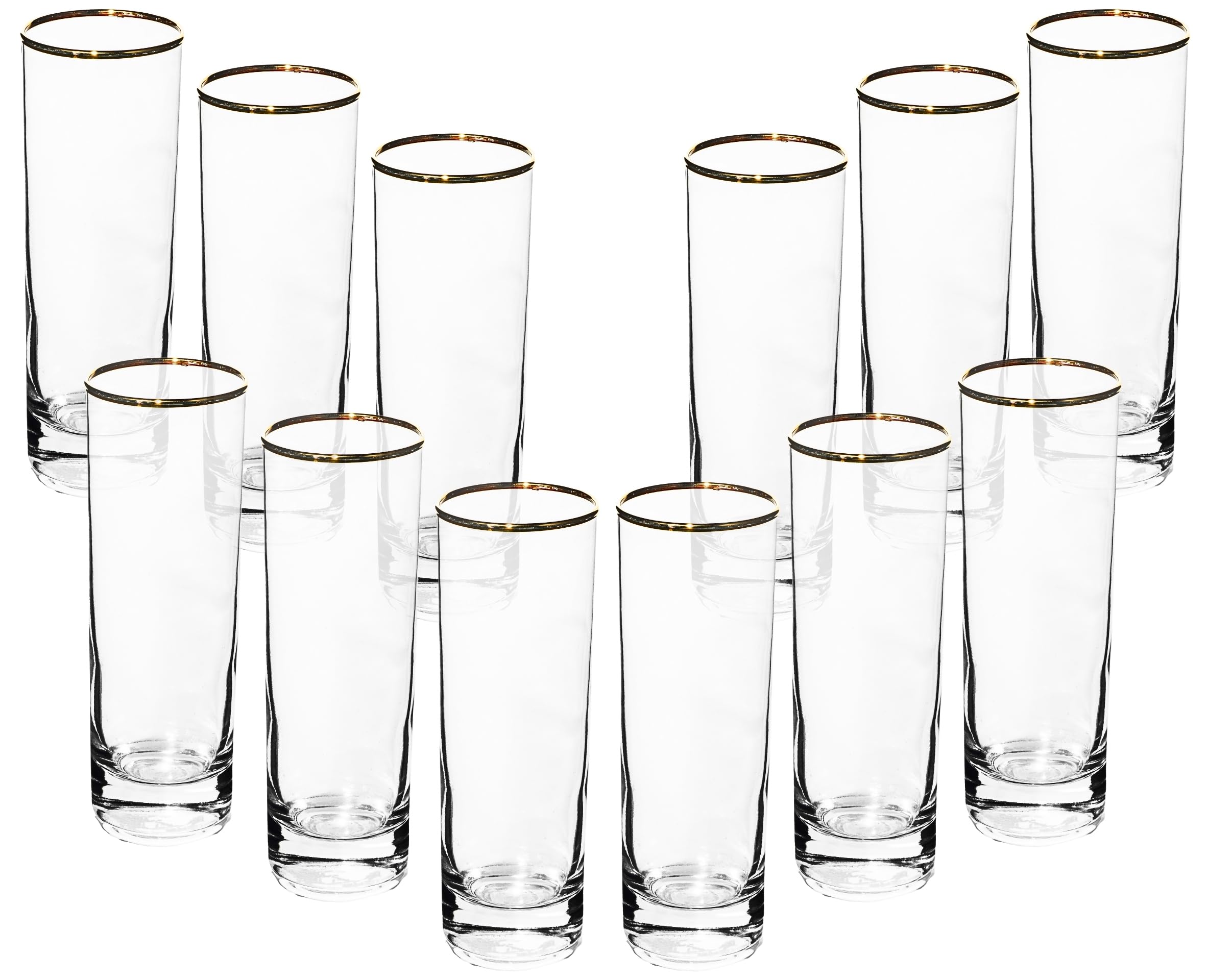 GIFTS PLAZA Highball Glasses - 10 Ounce Tall Drinking Glassware with Gold Rim - Crystal Clear Drinkware for Juice, Milk, Water - Casual Stemless Glass for Bar, Home and Kitchen