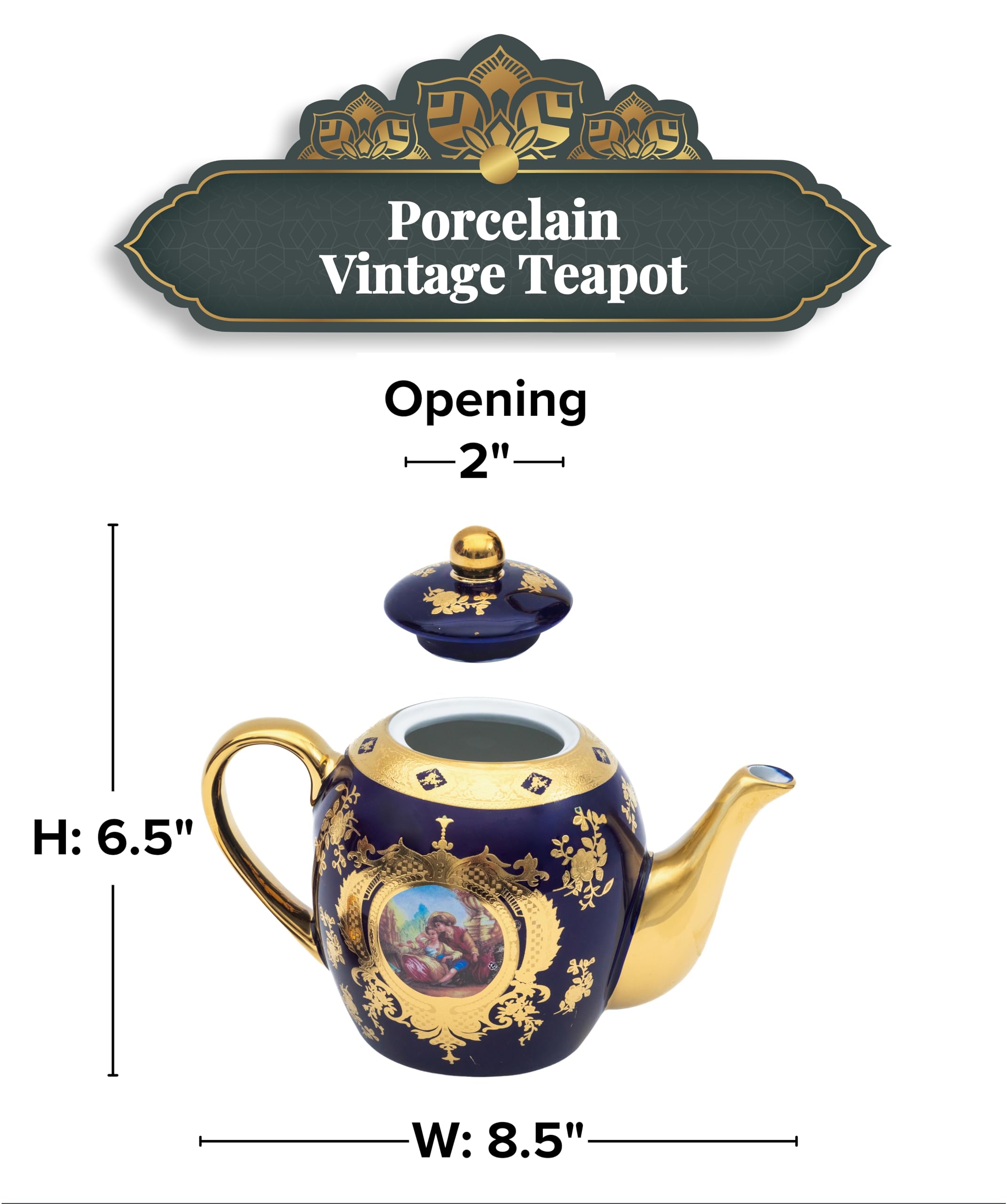 Side profile of Royalty Porcelain 30 oz teapot showing curved spout and ornate gold handle