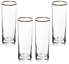 GIFTS PLAZA Highball Glasses Set of 4 ? 10 Ounce Tall Drinking Glassware with Gold Rim ? Crystal Clear Drinkware for Juice, Milk, Water ? Casual Stemless Glass for Bar, Home and Kitchen (4)