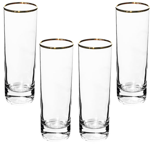 GIFTS PLAZA Highball Glasses - 10 Ounce Tall Drinking Glassware with Gold Rim - Crystal Clear Drinkware for Juice, Milk, Water - Casual Stemless Glass for Bar, Home and Kitchen