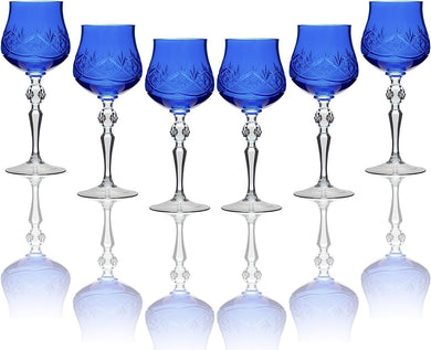 SET of 6 Handmade Russian CUT Crystal - BLUE Color Old-Fashioned Wine Glasses on a Long Stem, 250ml/8.5oz Crystal Glass Goblets / Tumblers