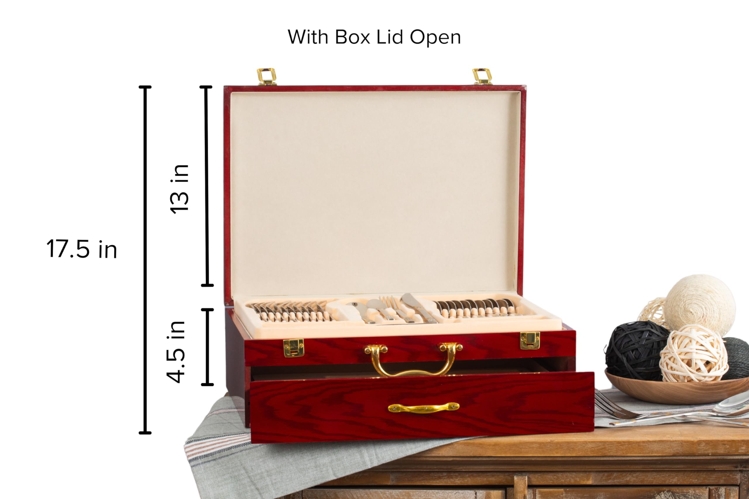 Flatware Storage Box with Drawer - For Up To 75 Piece Sets High-Gloss Case with Lid and Gold-Plated Handles, Red Wood Style Chest with Cream Interior Trays - Italian Collection Silverware Organizer