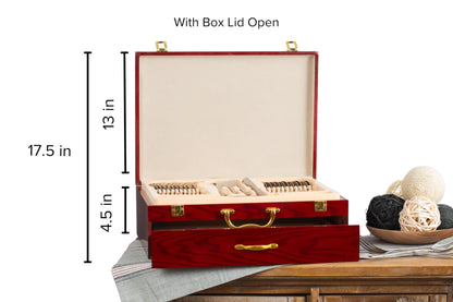 Flatware Storage Box with Drawer - For Up To 75 Piece Sets High-Gloss Case with Lid and Gold-Plated Handles, Red Wood Style Chest with Cream Interior Trays - Italian Collection Silverware Organizer
