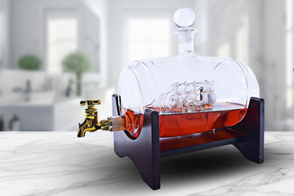 Large 40 Oz 'Barrel' Handmade Whisky Liquor Dispenser Decanter Mega Set with Diamond Glasses