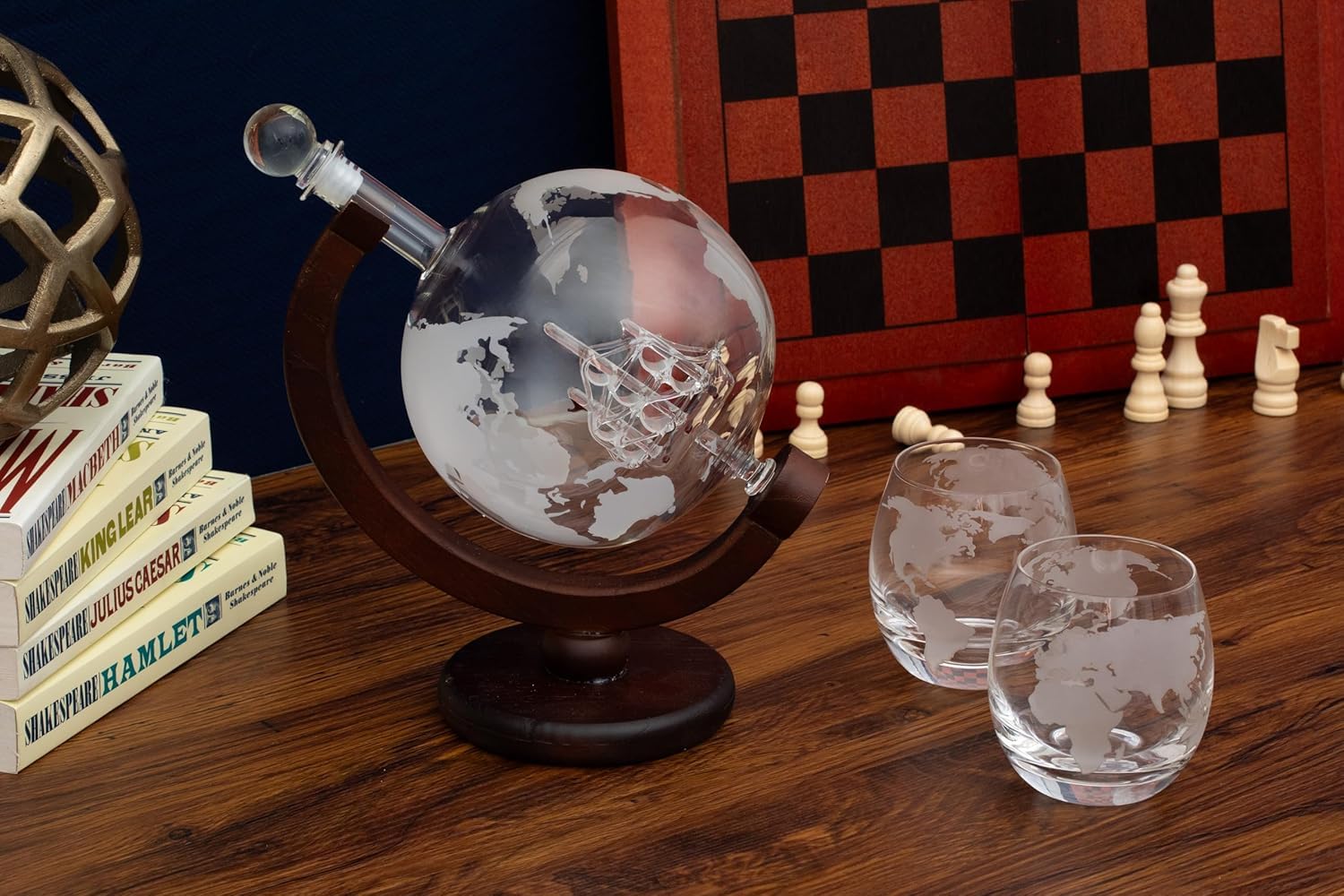 Large Decanter Set – Whiskey Decanter with Wooden Stand, 2 Etched Globe Whiskey Glasses, and Funnel – Elegant Liquor Dispenser for Spirits