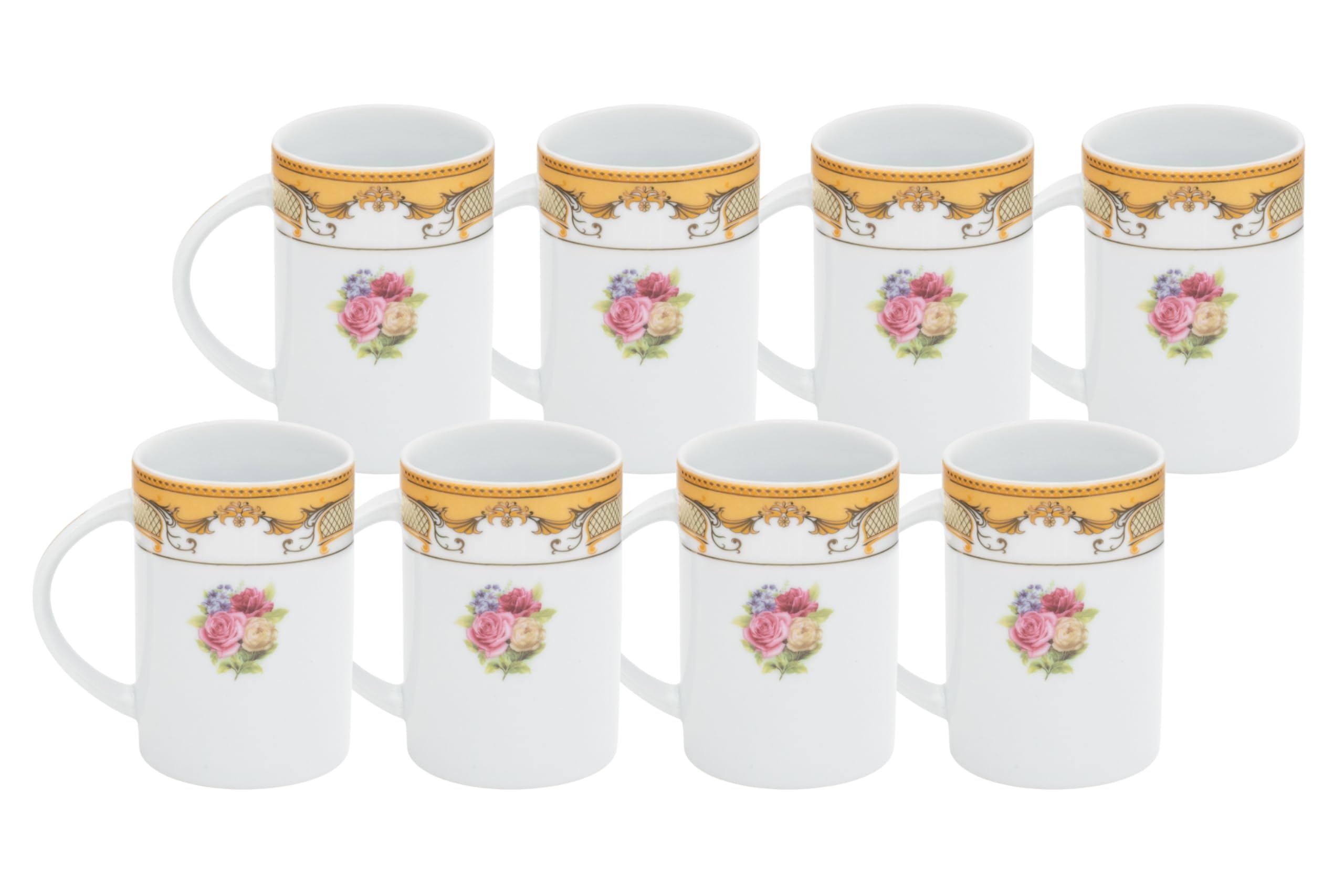 Stack of Gifts Plaza white porcelain mugs showing the set quantity and cohesive vintage design