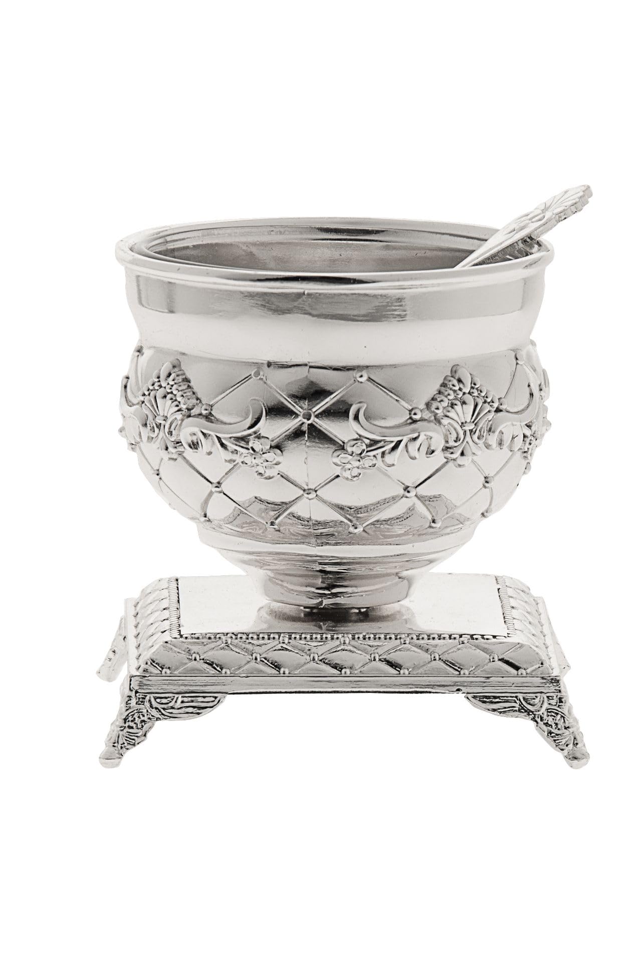 (D) Single Metal Bowl Salt Dish with Spoon on a Base, Silver Plated Salt Shaker 3x3x3