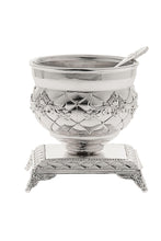 (D) Single Metal Bowl Salt Dish with Spoon on a Base, Silver Plated Salt Shaker 3x3x3